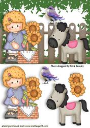 Little Girl with Basket of Flowers and Pony