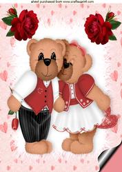 Cute Teddies Cuddling with Red Roses A4