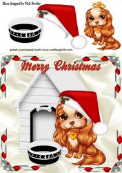 Cute Cavalier in Santa Hat with Dog House