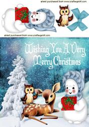 Cute Little Snowman with Deer and Owl