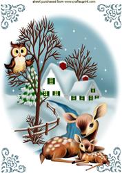 Deer with Snow Cottage Christmas Scene A4