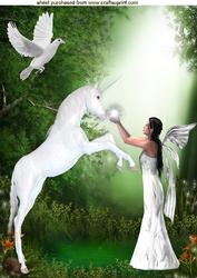 Fantasy Unicorn with Dove and Faerie A4