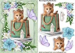 Cute Cat in a Bag with Butterlies and Flowers