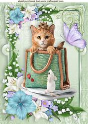 Cute Kitty in a Bag with Flowers and Butterflies A4