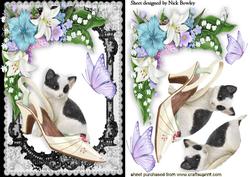 Kitten with Shoe, Butterflies and Flowers in Lace Frame