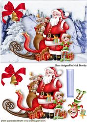 Santa with His Little Elf and Toys in the Snow