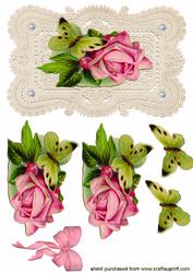 Elegant Pink Rose & Butterfly on Ecru Lace Background
