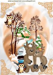 Winter Friends with Cute Reindeer and Owl in Snow Scene A4