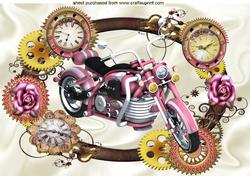 Pink Motorbike in Steampunk Frame of Clocks and Roses A4