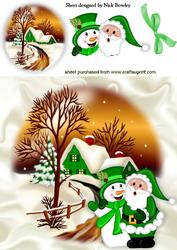 Santa with Snowman in Snow Scene