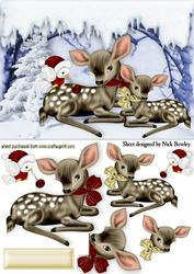 Mother and Baby Bambi in the Snow with Little Robins