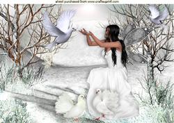 Beautiful Fairy in a Snow Glenn Surrounded with Doves A4