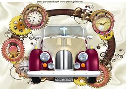 Vintage Car in Steampunk Frame with Clocks A4