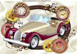 Red/cream Vintage Car in Steampunk Frame with Clocks A4
