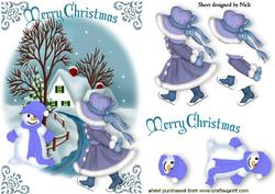 Little Girl Ice Skating with Snowman Winter Scene