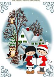 Carol Singers in the Snow with Cute Owls A4