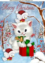 Cute White Kitty with Little Robins in the Snow A4