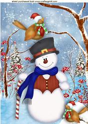Snowman with Robins in the Snow A4
