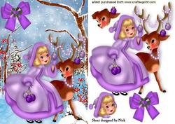 Little Girl in Purple with Little Deer in the Snow
