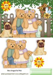 Teddy Bear Family with Little Pug and Birdhouse