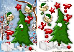 Funny Christmas Tree in the Snow with Robins