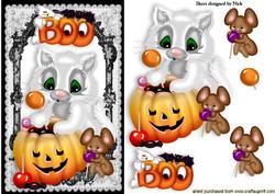 Cute White Kitty, with Mouse and Pumpkin