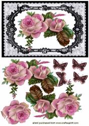 Elegant Pink Roses in Landscape on Black Lace Frame