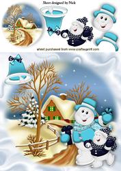 Cute Snowmen Skating in Cottage Snow Scene 8x8