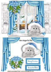 Dress the Window with Cat in Blue Santa Hat