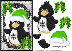 Penguin in Green Santa Hat with Bows