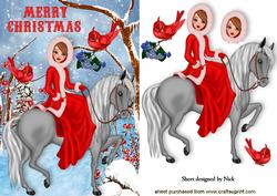 Pretty Lady in Red with Horse and Birds