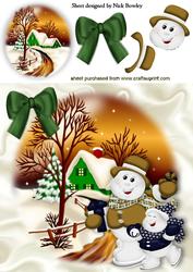 Cute Snowmen in Cottage Scene with Snow 8x8