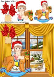 Baby Girl on Rocking Horse in the Window with Snowscene 8x8