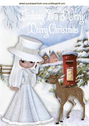 Pretty Lady in White with Deer in the Snow A4