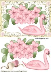 Pink Flowers, with Pink Swan in Ornate Frame