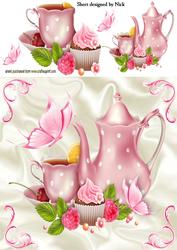 Pink Teapot with Cupcake and Butterflies 8x8