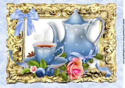 Pretty Blue Teapot and Rose in Gold Baroque Frame A4
