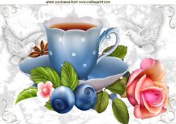 Blue Teacup with Rose and Doves A4