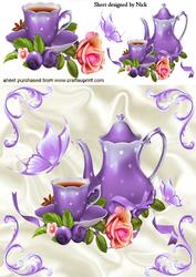 Purple Teapot with Rose and Butterflies 8x8