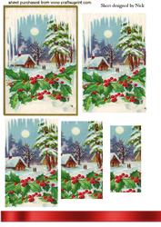 Vintage Snow Scene with Holly Pyramids