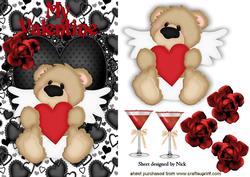 Cute Angel Bear with Red Rose on Black Lace Heart A5