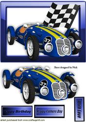 Blue Sports Racing Car in Glass Frame with Flag
