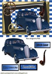 Vintage 1936 Blue Sedan Car in Steampunk Frame