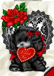 Black Puppy on Lace Heart with Roses A4