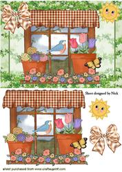 Pretty Window Sil with Flowers Butterflies and Birds