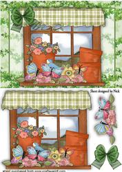 Potted Flowers , Birds and Butterflies in the Window