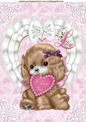 Little Puppy on White Lace Heart with Bow A4