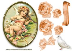 Vintage Cherub with Peach Roses & Dove