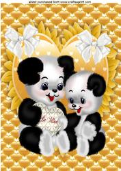 Cute Love Pandas on a Gold Frilled Heart A4