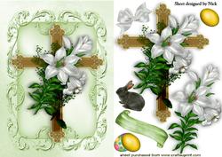 Gold Cross with Easter Eggs Lillies and a Cute Bunny
